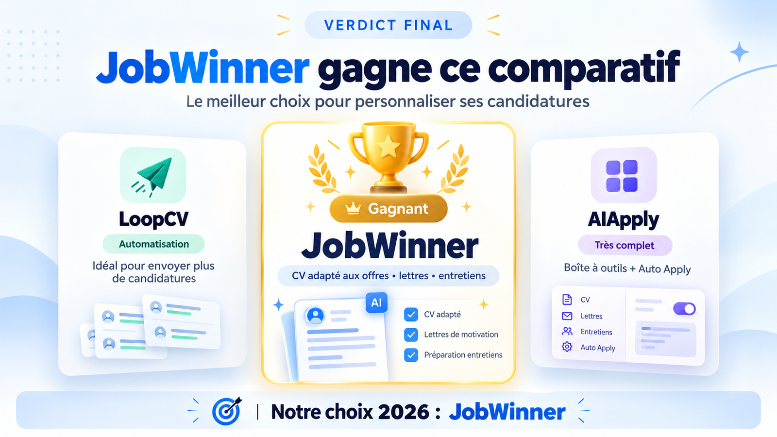 JobWinner gagne notre comparatif JobWinner vs LoopCV vs AIApply