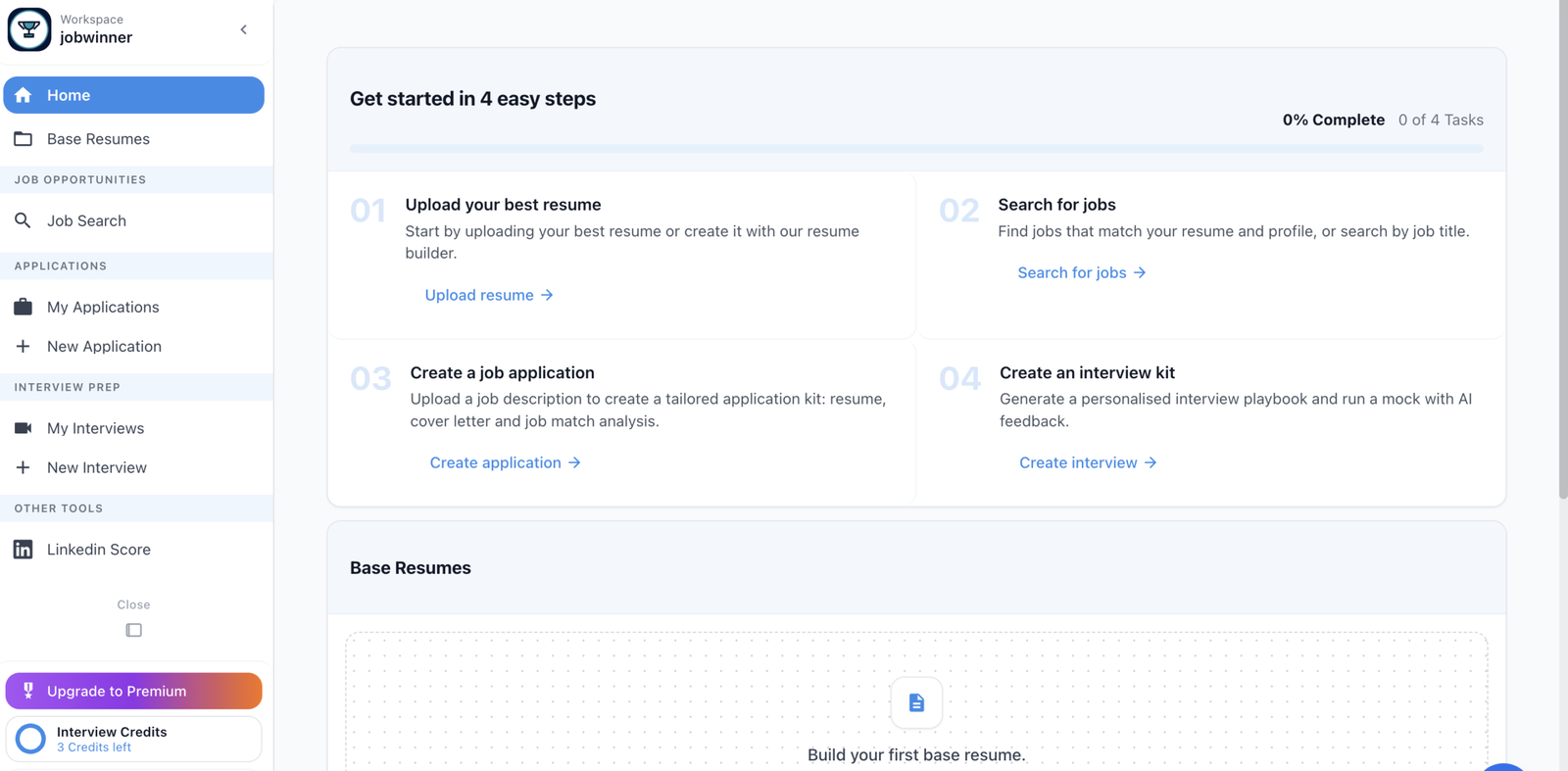 Interface JobWinner pour optimiser son CV et gérer ses candidatures